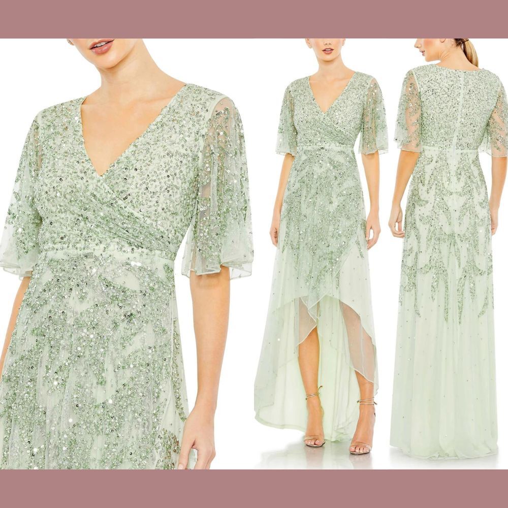 NWT $498 Mac Duggal‎ [ 18 ] Sequined Butterfly Sleeve High Low Gown Sage #G1728